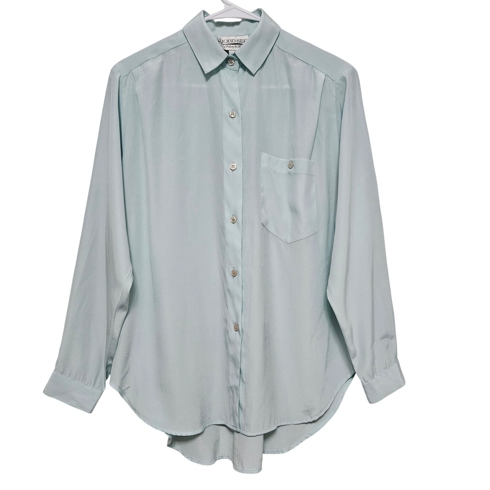 Vintage Liquid Silk Mint Button Up Blouse Minimalist Soft Clean Workwear Size 10
